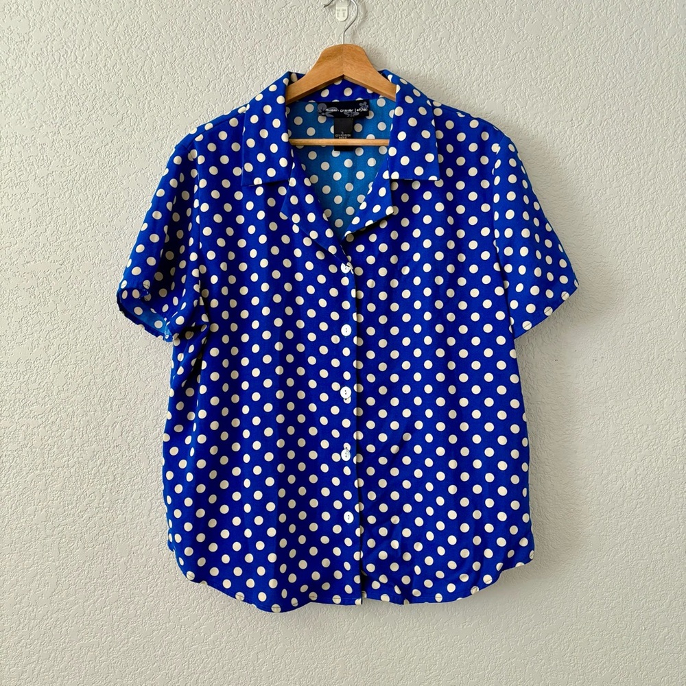 Vintage Blue Polka Dot Short Sleeve Button Down Shirt